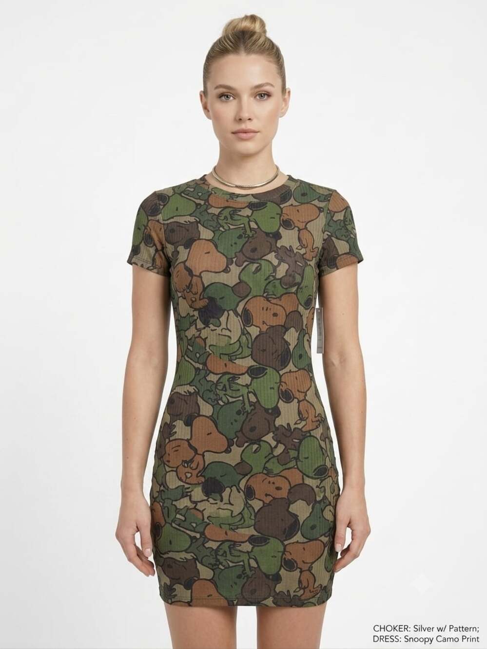 Snoopy Camo Print Ribbed Short Sleeve Mini Dress with Silver Tone Snake Choker